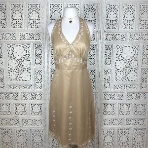Vtg NWT B Moss Beige Cream 100% Silk Halter Fairy Embroidered Cottage Dress Sz S